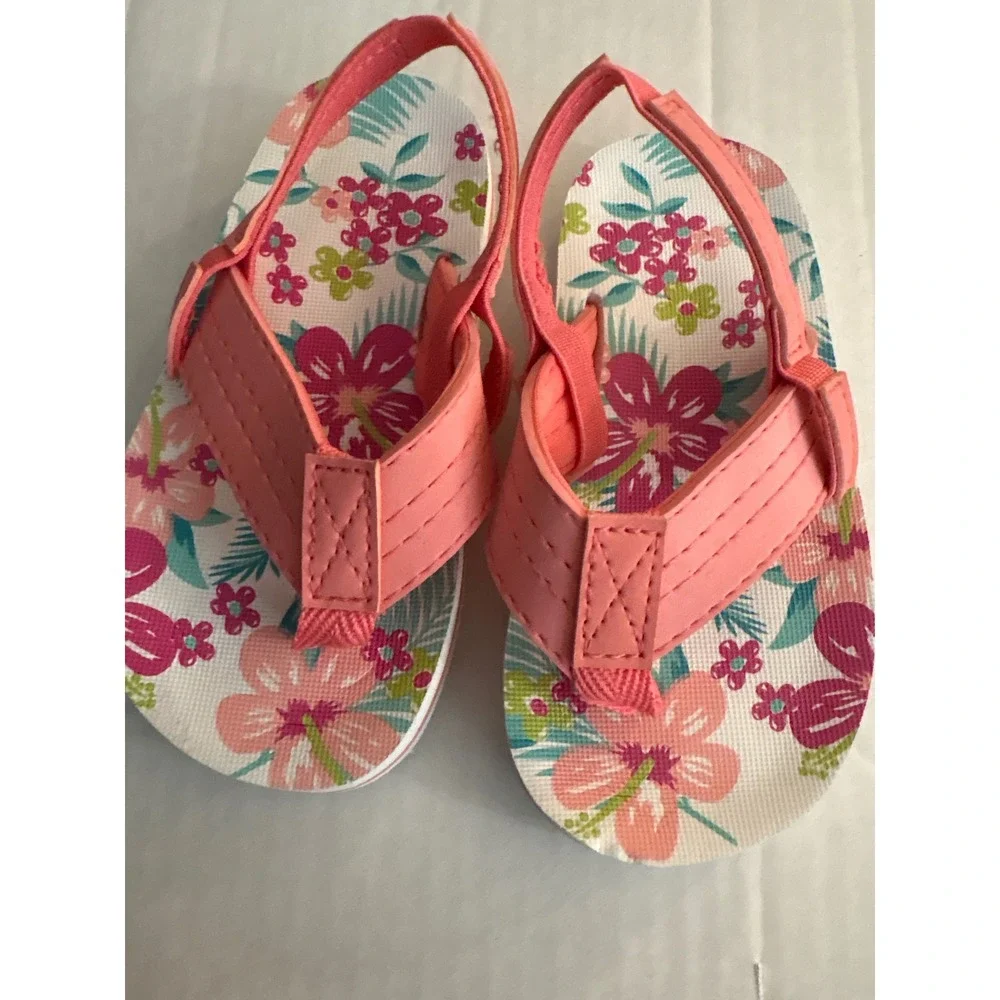 Pink Floral Toddler Flip Flop Sandals with Elastic Back Strap Size 7/8